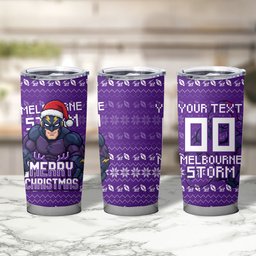 Personalized Melbourne Storm Christmas Tumbler Cup Australian Rugby Fans - Pixelated Ugly Xmas Pattern Mascot Santa