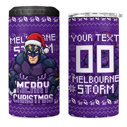 Personalized Melbourne Storm Christmas 4 in 1 Can Cooler Tumbler Australian Rugby Fans - Pixelated Ugly Xmas Pattern Mascot Santa