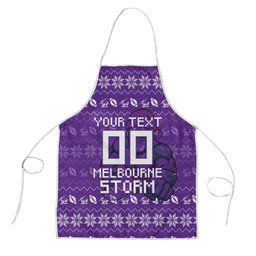 Personalized Melbourne Storm Christmas Apron Australian Rugby Fans - Pixelated Ugly Xmas Pattern Mascot Santa