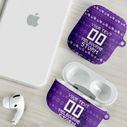 Personalized Melbourne Storm Christmas AirPods Case Australian Rugby Fans - Pixelated Ugly Xmas Pattern Mascot Santa