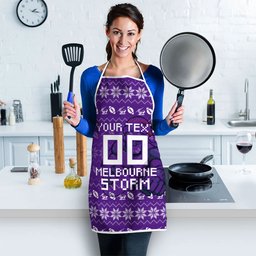 Personalized Melbourne Storm Christmas Apron Australian Rugby Fans - Pixelated Ugly Xmas Pattern Mascot Santa