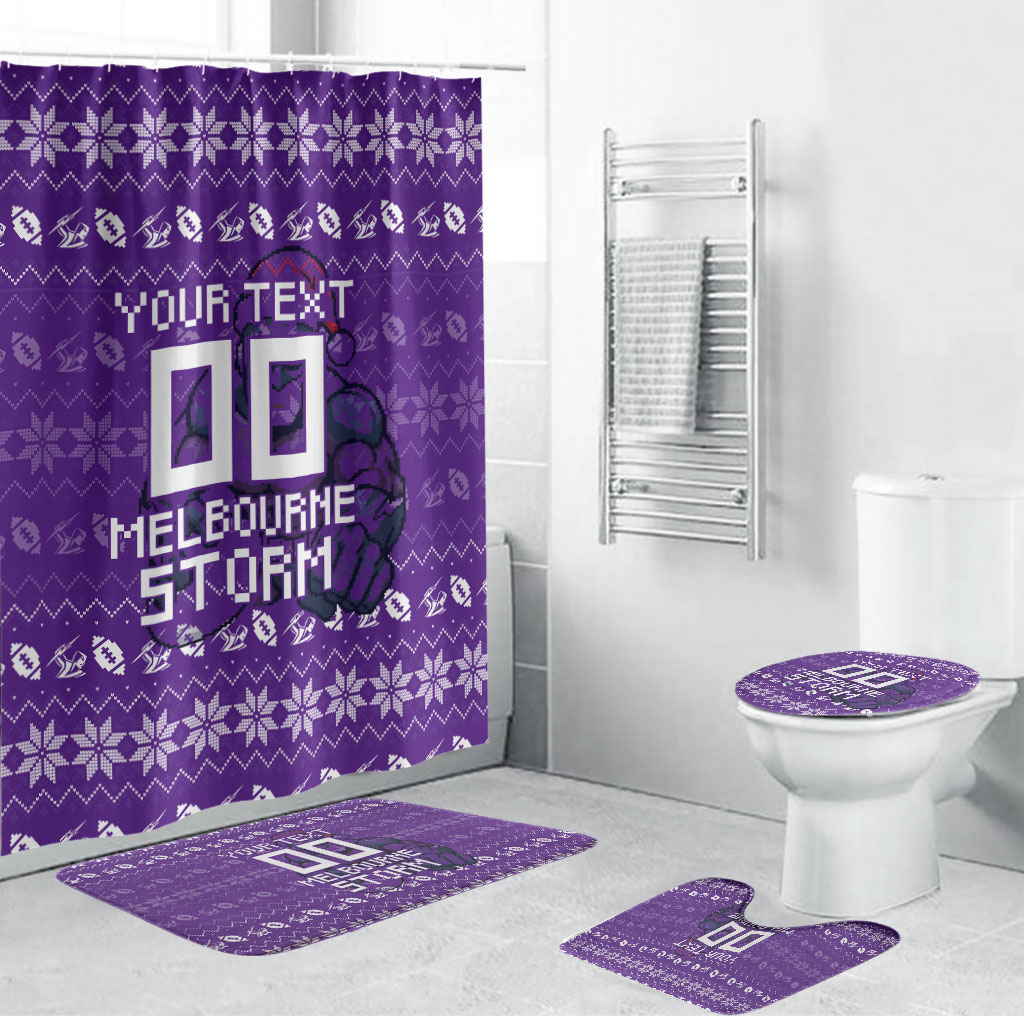 Personalized Melbourne Storm Christmas Bathroom Set Australian Rugby Fans - Pixelated Ugly Xmas Pattern Mascot Santa