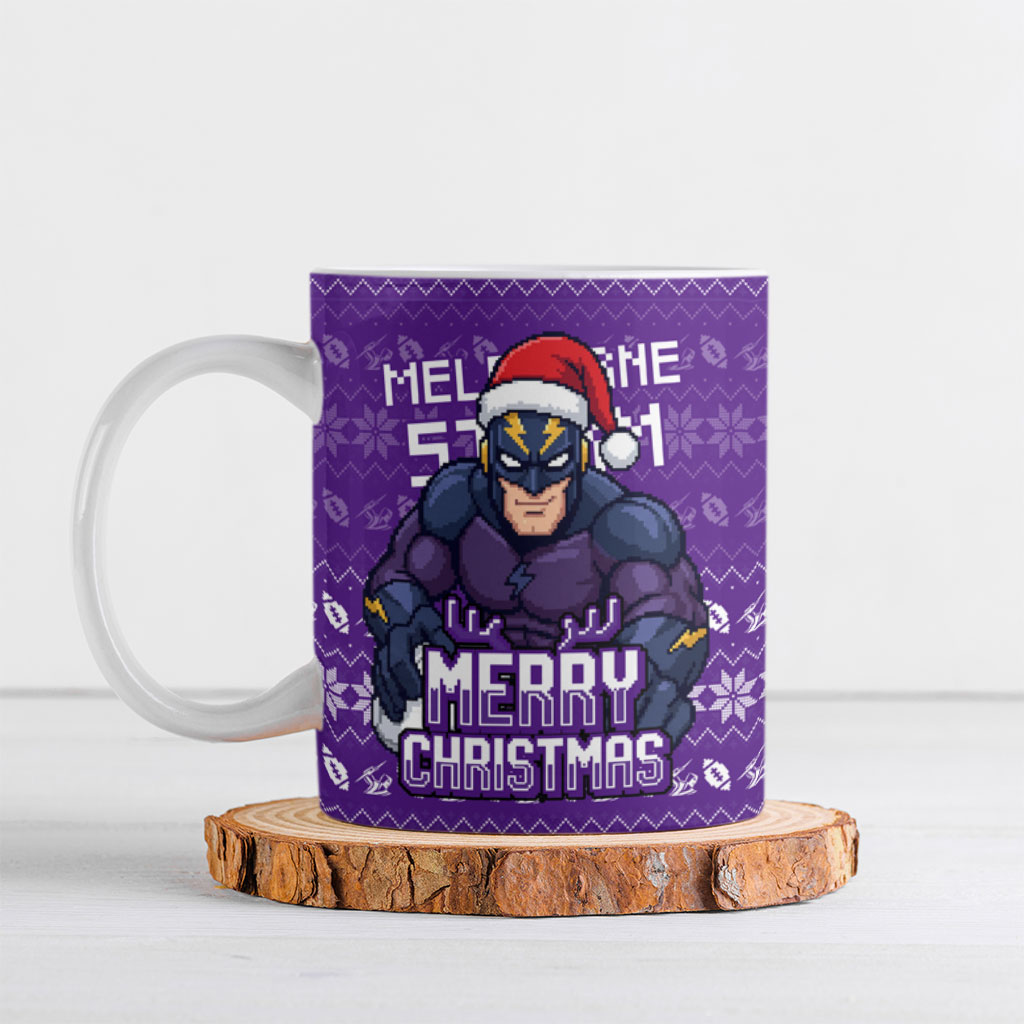 Personalized Melbourne Storm Christmas Ceramic Mug Australian Rugby Fans - Pixelated Ugly Xmas Pattern Mascot Santa