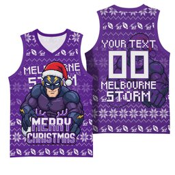 Personalized Melbourne Storm Christmas Basketball Jersey Australian Rugby Fans - Pixelated Ugly Xmas Pattern Mascot Santa