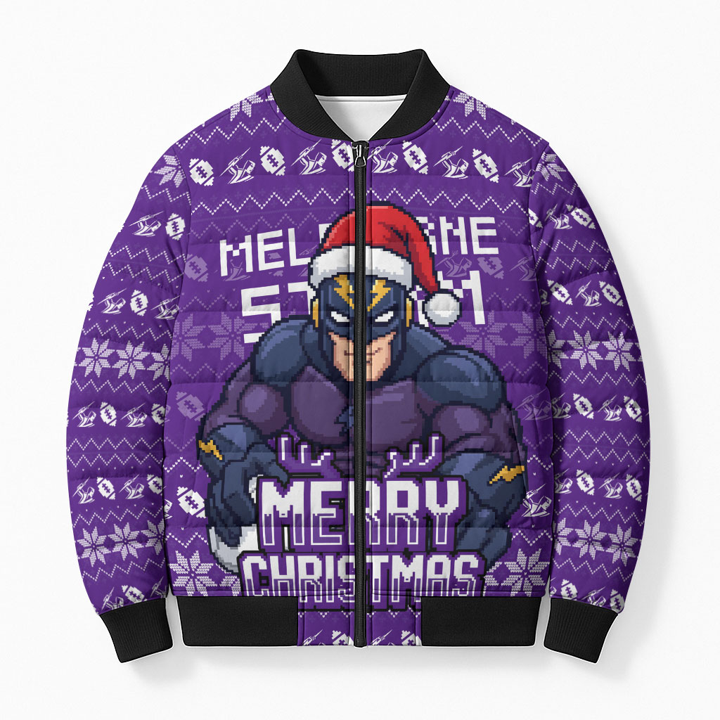Personalized Melbourne Storm Christmas Bomber Puffer Jacket Australian Rugby Fans - Pixelated Ugly Xmas Pattern Mascot Santa