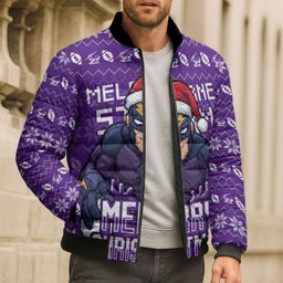 Personalized Melbourne Storm Christmas Bomber Puffer Jacket Australian Rugby Fans - Pixelated Ugly Xmas Pattern Mascot Santa