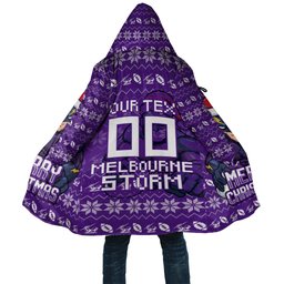 Personalized Melbourne Storm Christmas Cloak Australian Rugby Fans - Pixelated Ugly Xmas Pattern Mascot Santa