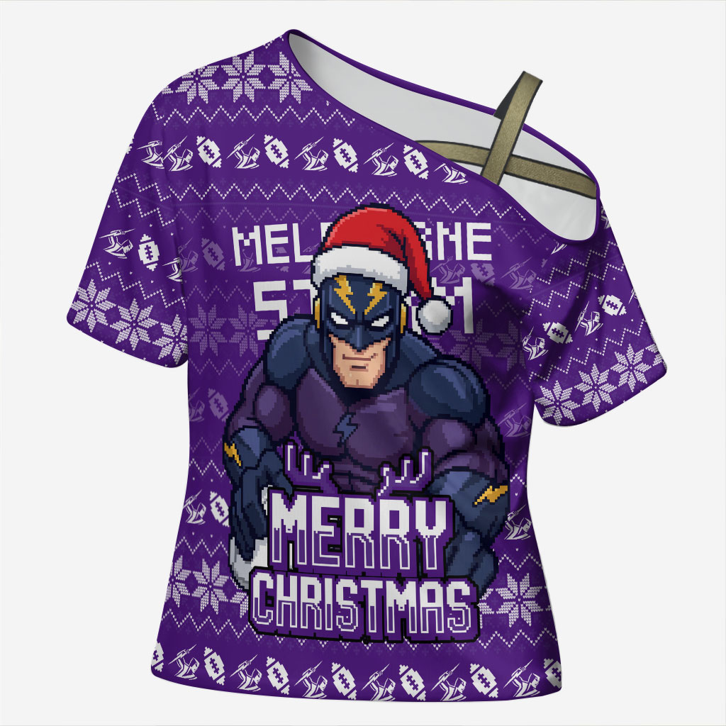 Personalized Melbourne Storm Christmas Cross Shoulder Shirt Australian Rugby Fans - Pixelated Ugly Xmas Pattern Mascot Santa