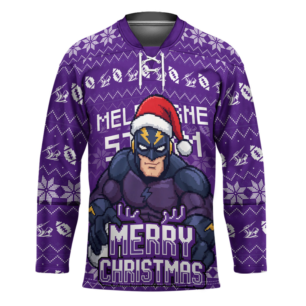 Personalized Melbourne Storm Christmas Hockey Jersey Australian Rugby Fans - Pixelated Ugly Xmas Pattern Mascot Santa