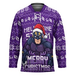 Personalized Melbourne Storm Christmas Hockey Jersey Australian Rugby Fans - Pixelated Ugly Xmas Pattern Mascot Santa