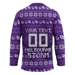 Personalized Melbourne Storm Christmas Hockey Jersey Australian Rugby Fans - Pixelated Ugly Xmas Pattern Mascot Santa