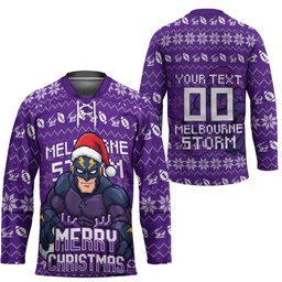 Personalized Melbourne Storm Christmas Hockey Jersey Australian Rugby Fans - Pixelated Ugly Xmas Pattern Mascot Santa