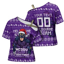 Personalized Melbourne Storm Christmas Cross Shoulder Shirt Australian Rugby Fans - Pixelated Ugly Xmas Pattern Mascot Santa