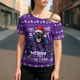 Personalized Melbourne Storm Christmas Cross Shoulder Shirt Australian Rugby Fans - Pixelated Ugly Xmas Pattern Mascot Santa