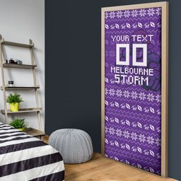 Personalized Melbourne Storm Christmas Door Cover Australian Rugby Fans - Pixelated Ugly Xmas Pattern Mascot Santa