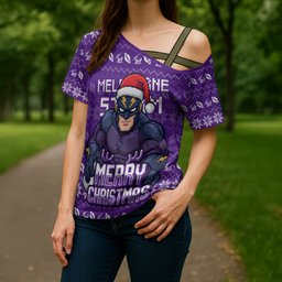 Personalized Melbourne Storm Christmas Cross Shoulder Shirt Australian Rugby Fans - Pixelated Ugly Xmas Pattern Mascot Santa