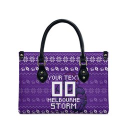 Personalized Melbourne Storm Christmas Leather Bag Australian Rugby Fans - Pixelated Ugly Xmas Pattern Mascot Santa