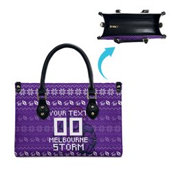Personalized Melbourne Storm Christmas Leather Bag Australian Rugby Fans - Pixelated Ugly Xmas Pattern Mascot Santa