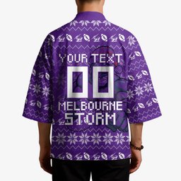 Personalized Melbourne Storm Christmas Kimono Australian Rugby Fans - Pixelated Ugly Xmas Pattern Mascot Santa