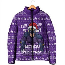Personalized Melbourne Storm Christmas Padded Jacket Australian Rugby Fans - Pixelated Ugly Xmas Pattern Mascot Santa