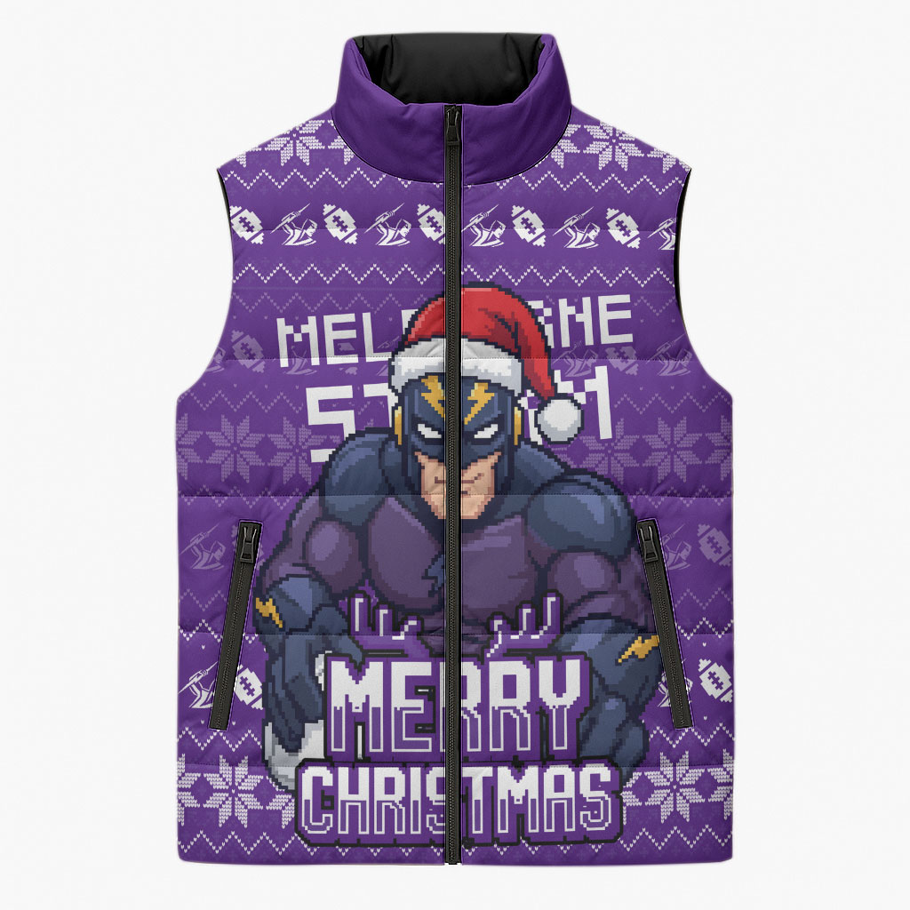 Personalized Melbourne Storm Christmas Sleeveless Puffer Jacket Australian Rugby Fans - Pixelated Ugly Xmas Pattern Mascot Santa