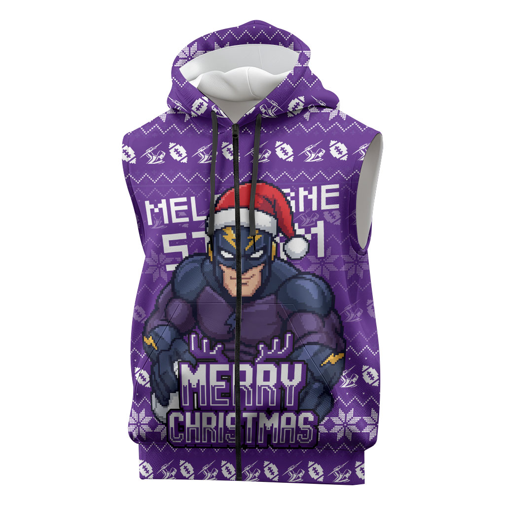 Personalized Melbourne Storm Christmas Sleeveless Zip Hoodie Australian Rugby Fans - Pixelated Ugly Xmas Pattern Mascot Santa