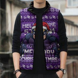 Personalized Melbourne Storm Christmas Sleeveless Puffer Jacket Australian Rugby Fans - Pixelated Ugly Xmas Pattern Mascot Santa