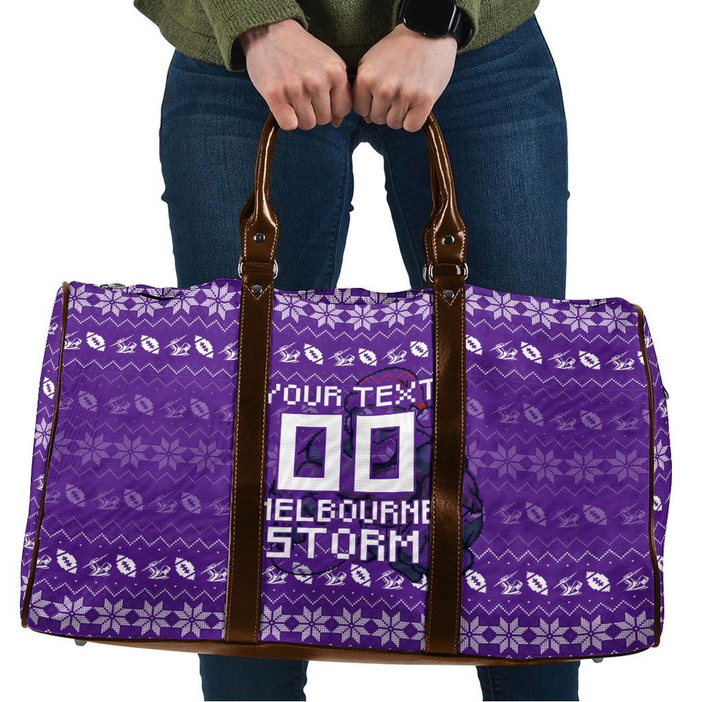 Personalized Melbourne Storm Christmas Travel Bag Australian Rugby Fans - Pixelated Ugly Xmas Pattern Mascot Santa