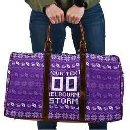 Personalized Melbourne Storm Christmas Travel Bag Australian Rugby Fans - Pixelated Ugly Xmas Pattern Mascot Santa