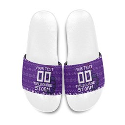 Personalized Melbourne Storm Christmas Slide Sandals Australian Rugby Fans - Pixelated Ugly Xmas Pattern Mascot Santa