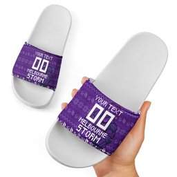 Personalized Melbourne Storm Christmas Slide Sandals Australian Rugby Fans - Pixelated Ugly Xmas Pattern Mascot Santa