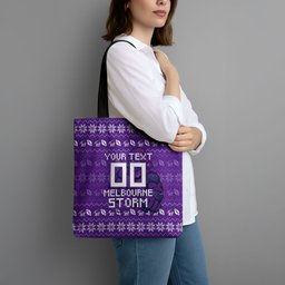 Personalized Melbourne Storm Christmas Tote Bag Australian Rugby Fans - Pixelated Ugly Xmas Pattern Mascot Santa