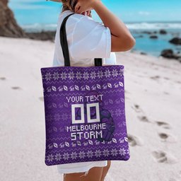Personalized Melbourne Storm Christmas Tote Bag Australian Rugby Fans - Pixelated Ugly Xmas Pattern Mascot Santa