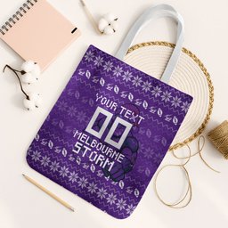 Personalized Melbourne Storm Christmas Tote Bag Australian Rugby Fans - Pixelated Ugly Xmas Pattern Mascot Santa