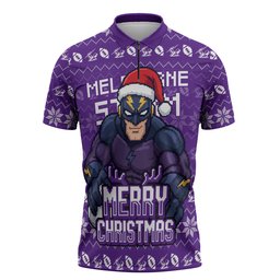 Personalized Melbourne Storm Christmas Zipper Polo Shirt Australian Rugby Fans - Pixelated Ugly Xmas Pattern Mascot Santa