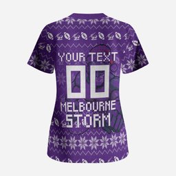 Personalized Melbourne Storm Christmas Scrub Top Australian Rugby Fans - Pixelated Ugly Xmas Pattern Mascot Santa