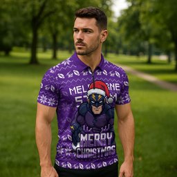Personalized Melbourne Storm Christmas Zipper Polo Shirt Australian Rugby Fans - Pixelated Ugly Xmas Pattern Mascot Santa