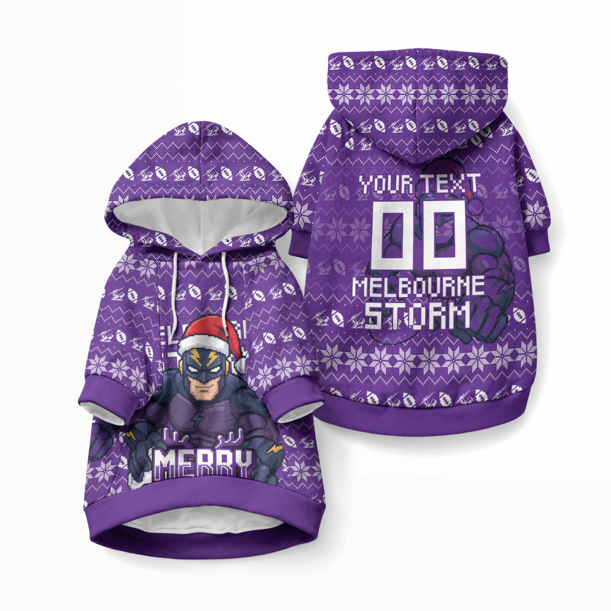 Personalized Melbourne Storm Christmas Pet Hoodie Australian Rugby Fans - Pixelated Ugly Xmas Pattern Mascot Santa