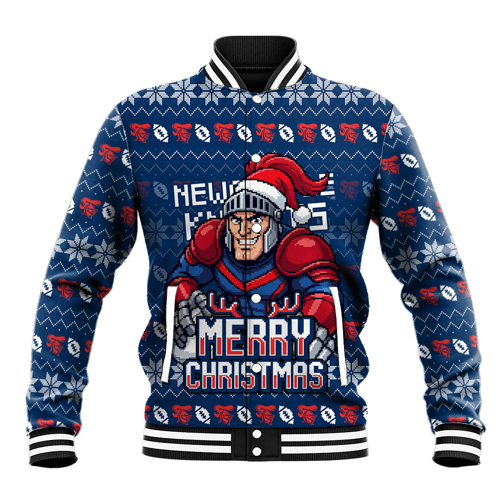 Personalized Newcastle Knights Christmas Baseball Jacket Australian Rugby Fans - Pixelated Ugly Xmas Pattern Mascot Santa