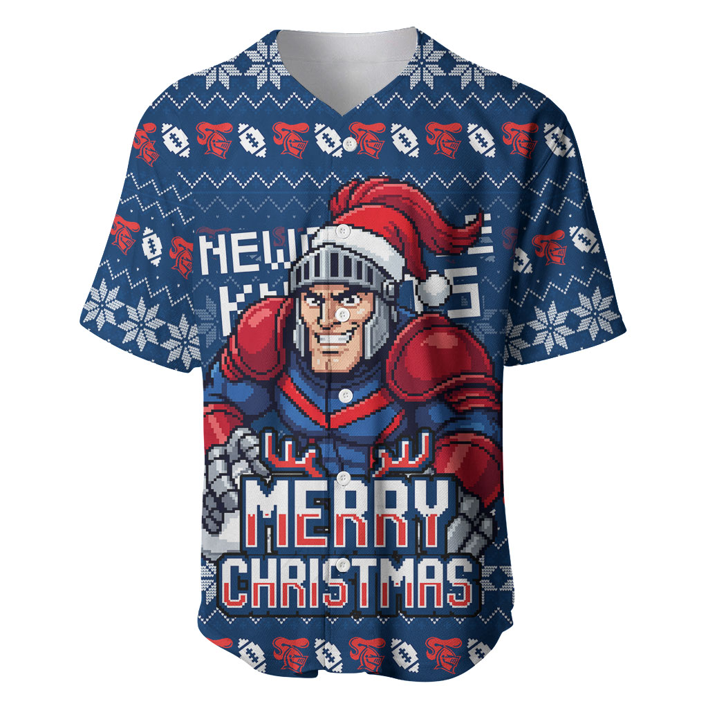Personalized Newcastle Knights Christmas Baseball Jersey Australian Rugby Fans - Pixelated Ugly Xmas Pattern Mascot Santa