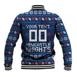 Personalized Newcastle Knights Christmas Baseball Jacket Australian Rugby Fans - Pixelated Ugly Xmas Pattern Mascot Santa