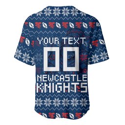 Personalized Newcastle Knights Christmas Baseball Jersey Australian Rugby Fans - Pixelated Ugly Xmas Pattern Mascot Santa