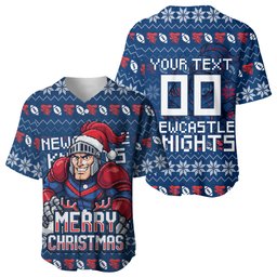 Personalized Newcastle Knights Christmas Baseball Jersey Australian Rugby Fans - Pixelated Ugly Xmas Pattern Mascot Santa