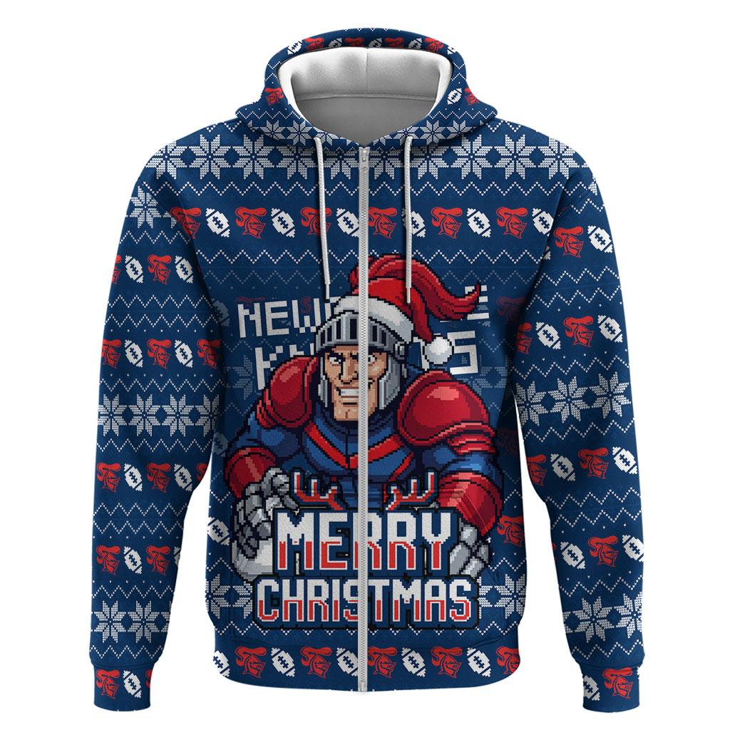 Personalized Newcastle Knights Christmas Zip Hoodie Australian Rugby Fans - Pixelated Ugly Xmas Pattern Mascot Santa
