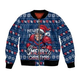 Personalized Newcastle Knights Christmas Bomber Jacket Australian Rugby Fans - Pixelated Ugly Xmas Pattern Mascot Santa