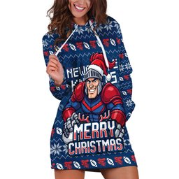Personalized Newcastle Knights Christmas Hoodie Dress Australian Rugby Fans - Pixelated Ugly Xmas Pattern Mascot Santa