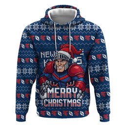 Personalized Newcastle Knights Christmas Zip Hoodie Australian Rugby Fans - Pixelated Ugly Xmas Pattern Mascot Santa