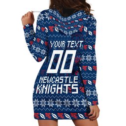 Personalized Newcastle Knights Christmas Hoodie Dress Australian Rugby Fans - Pixelated Ugly Xmas Pattern Mascot Santa