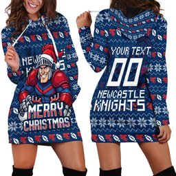 Personalized Newcastle Knights Christmas Hoodie Dress Australian Rugby Fans - Pixelated Ugly Xmas Pattern Mascot Santa