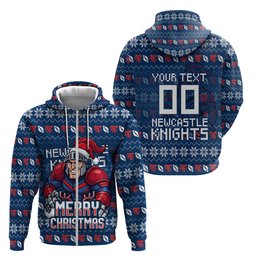 Personalized Newcastle Knights Christmas Zip Hoodie Australian Rugby Fans - Pixelated Ugly Xmas Pattern Mascot Santa